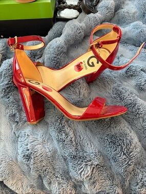 G by Guess Red Patent Block Heel Ankle-Strap Sandals